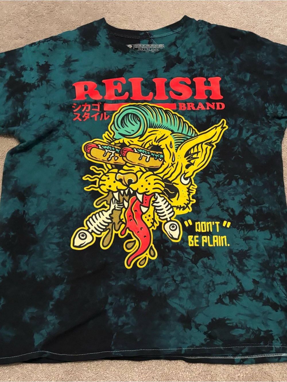 RELISH Brand Men’s Large Hotdog Cat Chicago Style Tie-Dye Graphic Tee Teal